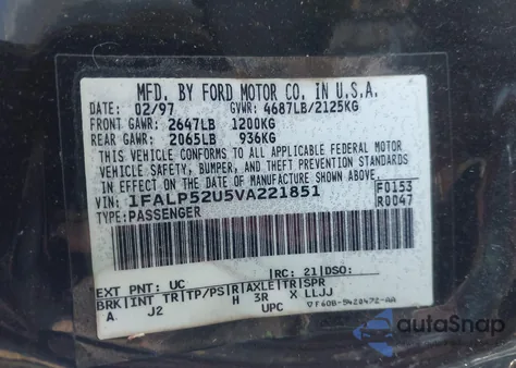 1997 Ford Taurus Gl из США, поврежденный, VIN 1FALP52U5VA221851